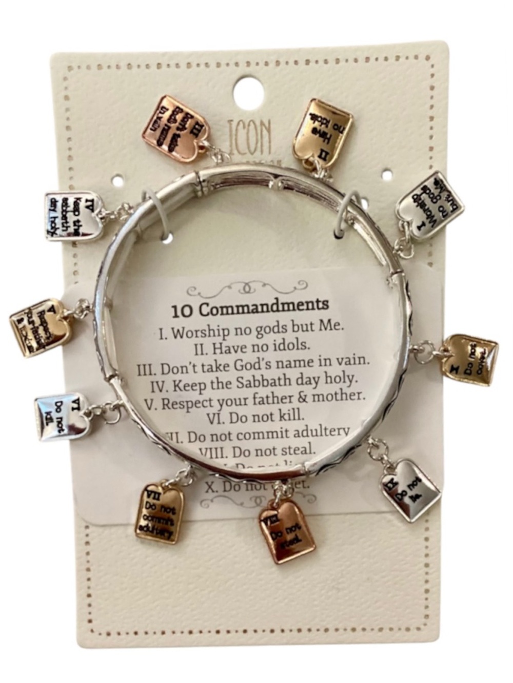 Icon Collection 10 Commandments Tri-Tone Stretch Charm Bracelet (NWT)